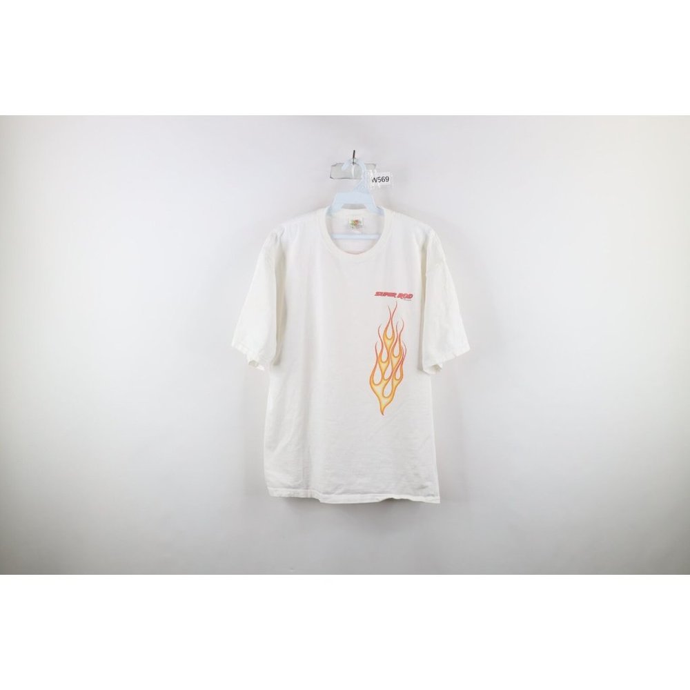 Vintage Y2k 2001 Mens Xl Distressed Super Rod Magazine Fire Flames T-Shirt White